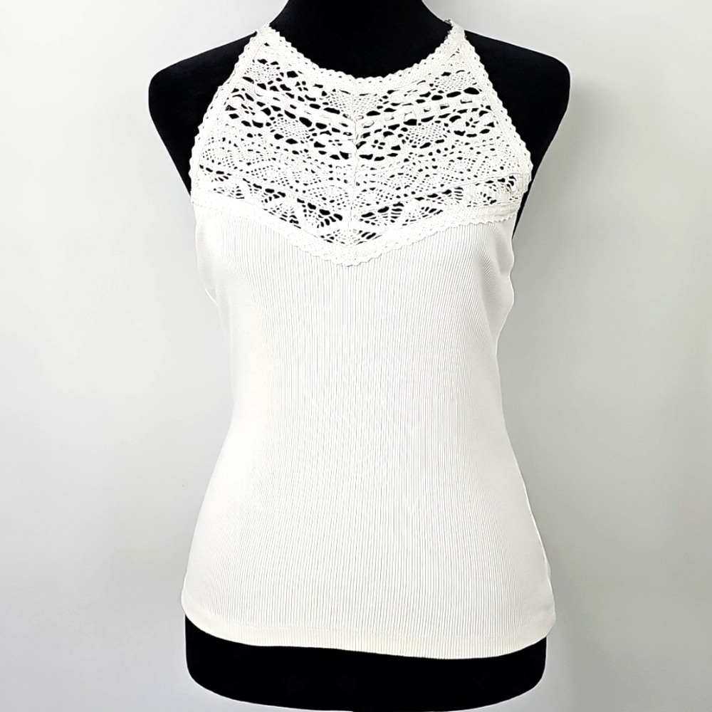 Free People Boho Crochet Halter Top w Lacey Tie Top Stretchy Ribbed Bottom Sz:L - Picture 9 of 9